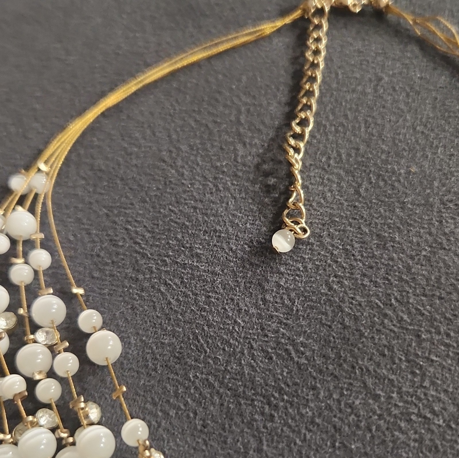 White Bead Layered Necklace Gold Tone Crystal Cable Chain Adjustable Lobster