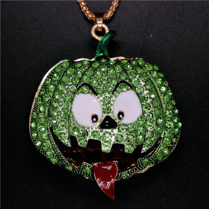 New Cute Green Crystal Halloween Pumpkin Fashion Women Pendant Sweater Necklace