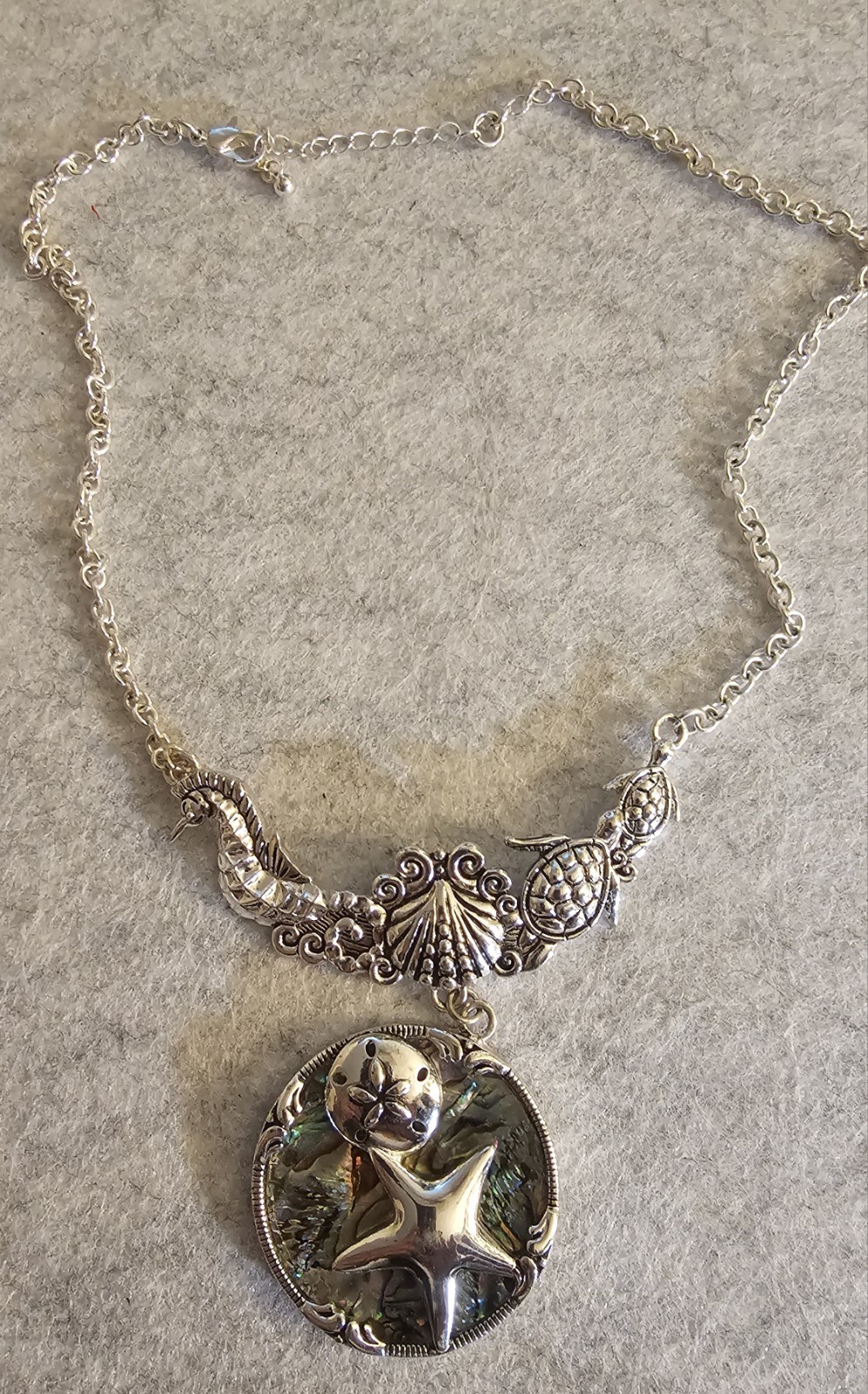 Silver Tone Abalone Sea Life Shell Round Pendant Necklace Adjustable Lobster