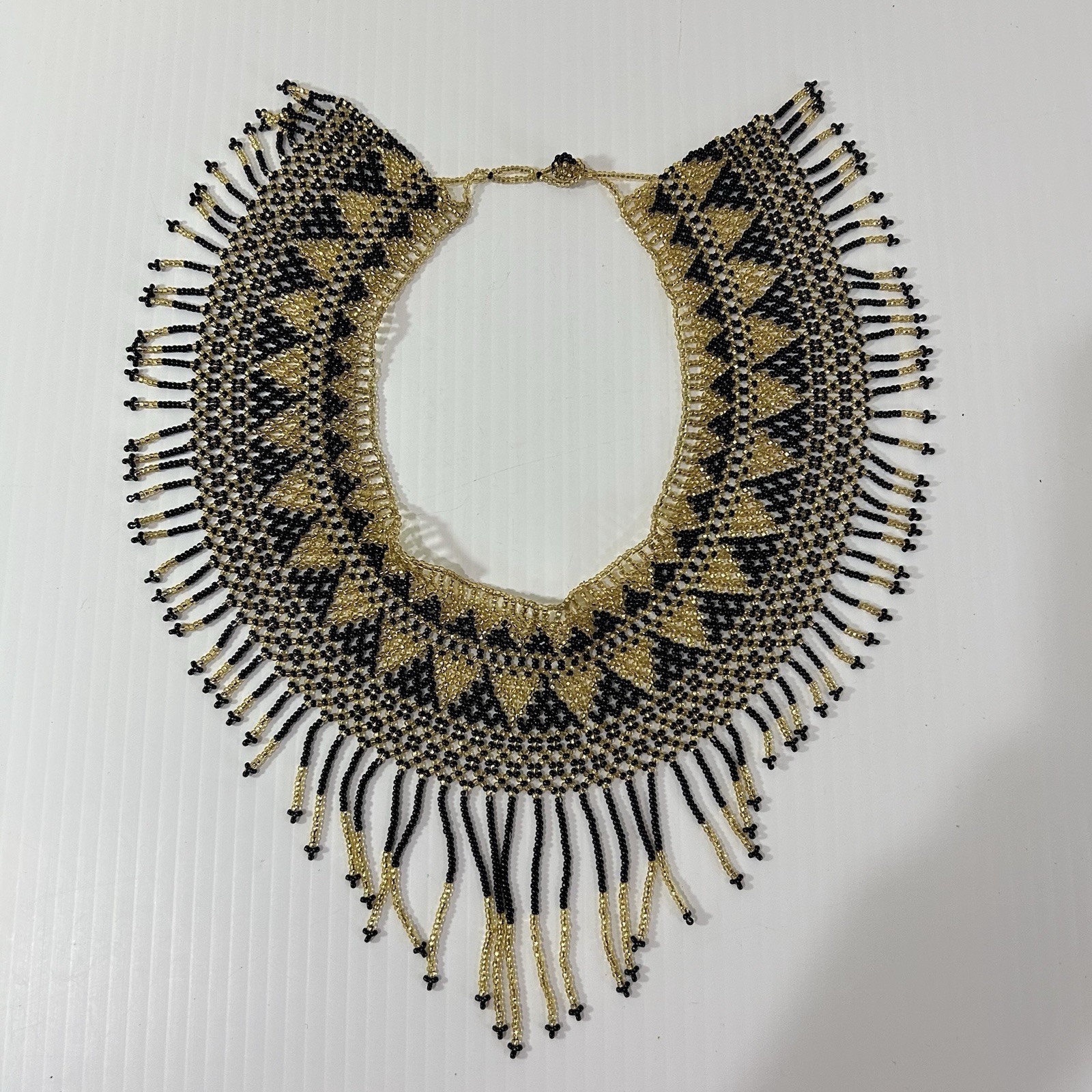 Handcrafted Sead Bead Collar Choker Necklace Black Gold Fringe Statement Jewelry