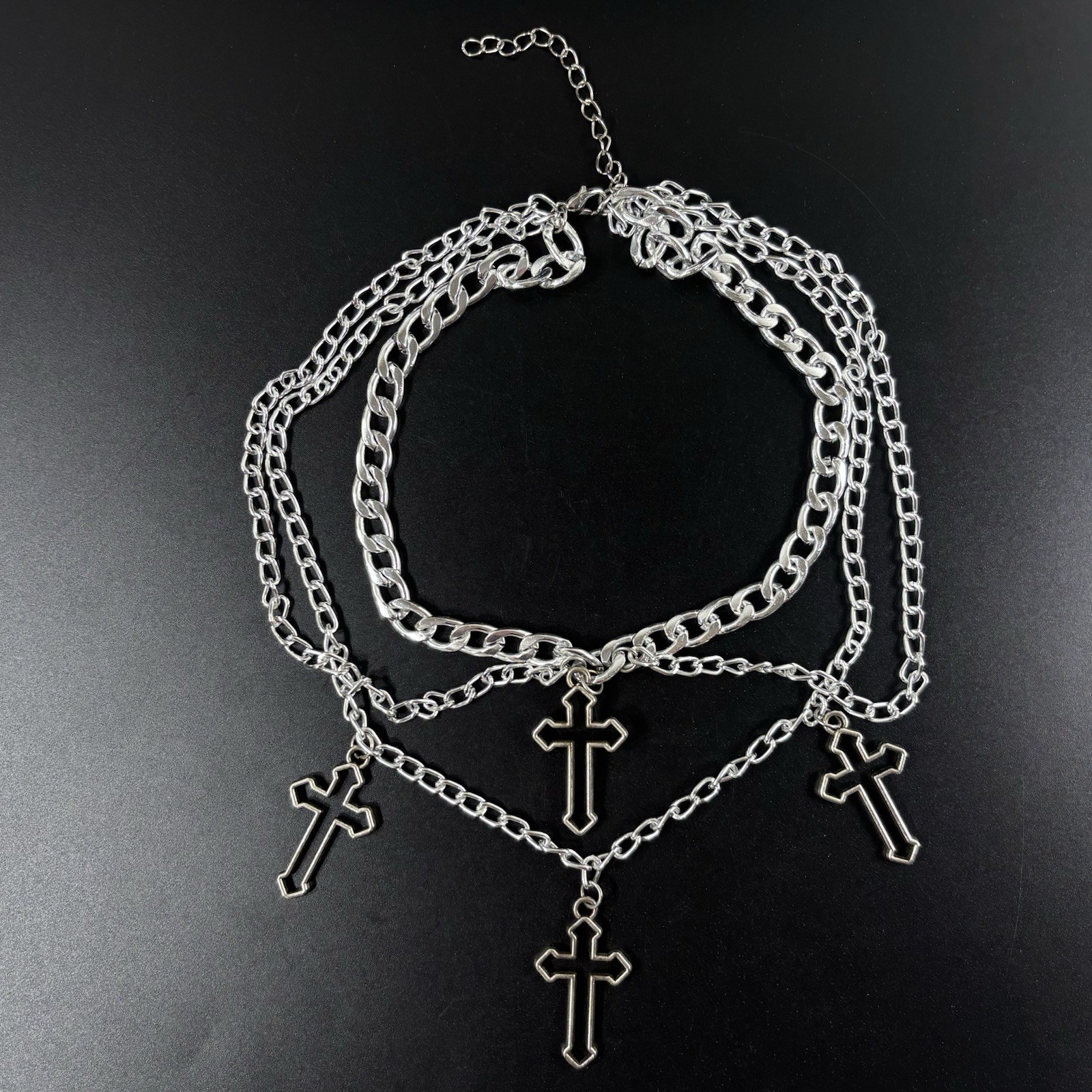 4 Gothic Cross Pendants Choker Silver Tone Necklace Layered Curb/Cuban Chains