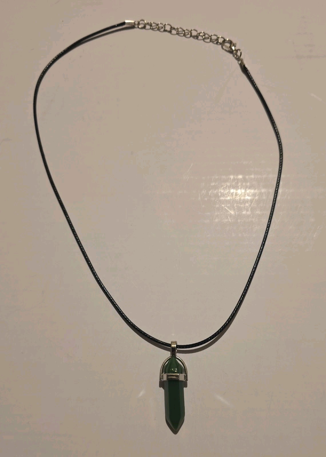 Opaque Dark Green Hexagonal Pendant On Black Cord. Necklace.