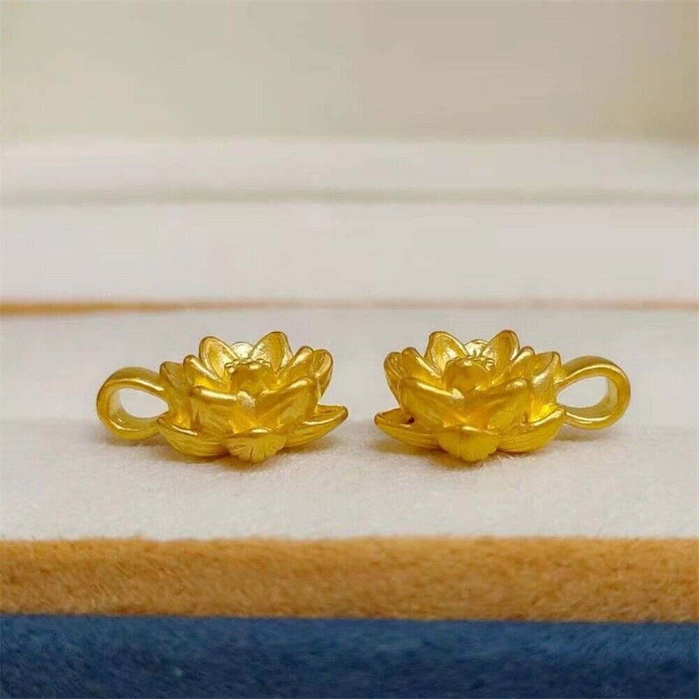 Real 24K Yellow Gold 3D Lotus Flower Pendant 18K Yellow Gold O Chain Necklace