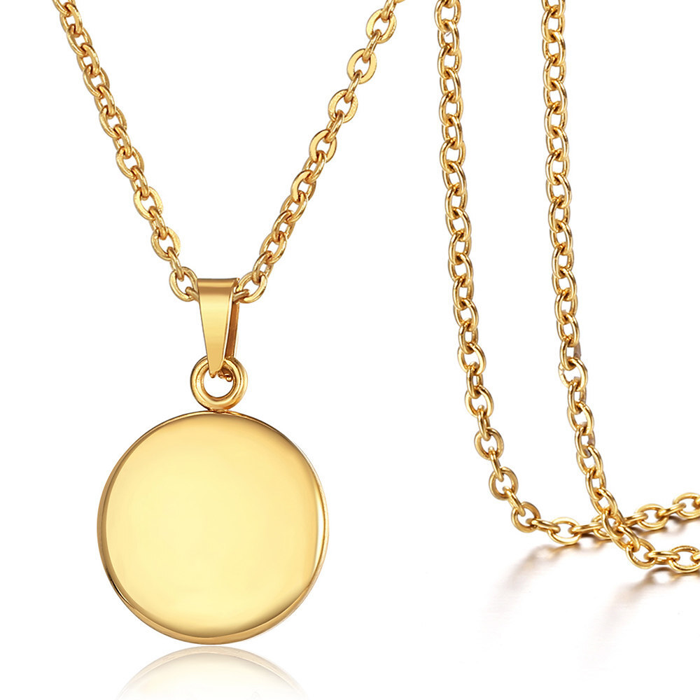 Gold Plated Stainless Steel Round Blank Tag Charm Necklace Box/Curb/Figaro/Rolo