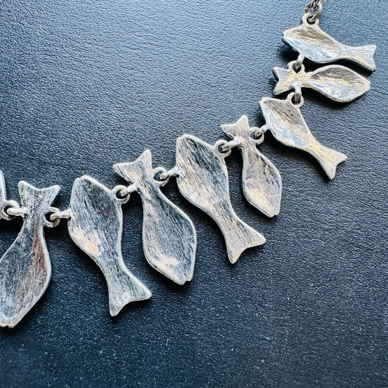 Vintage Style Silver Tone Fish School Charm Collar Necklace Coastal Nautical Fun