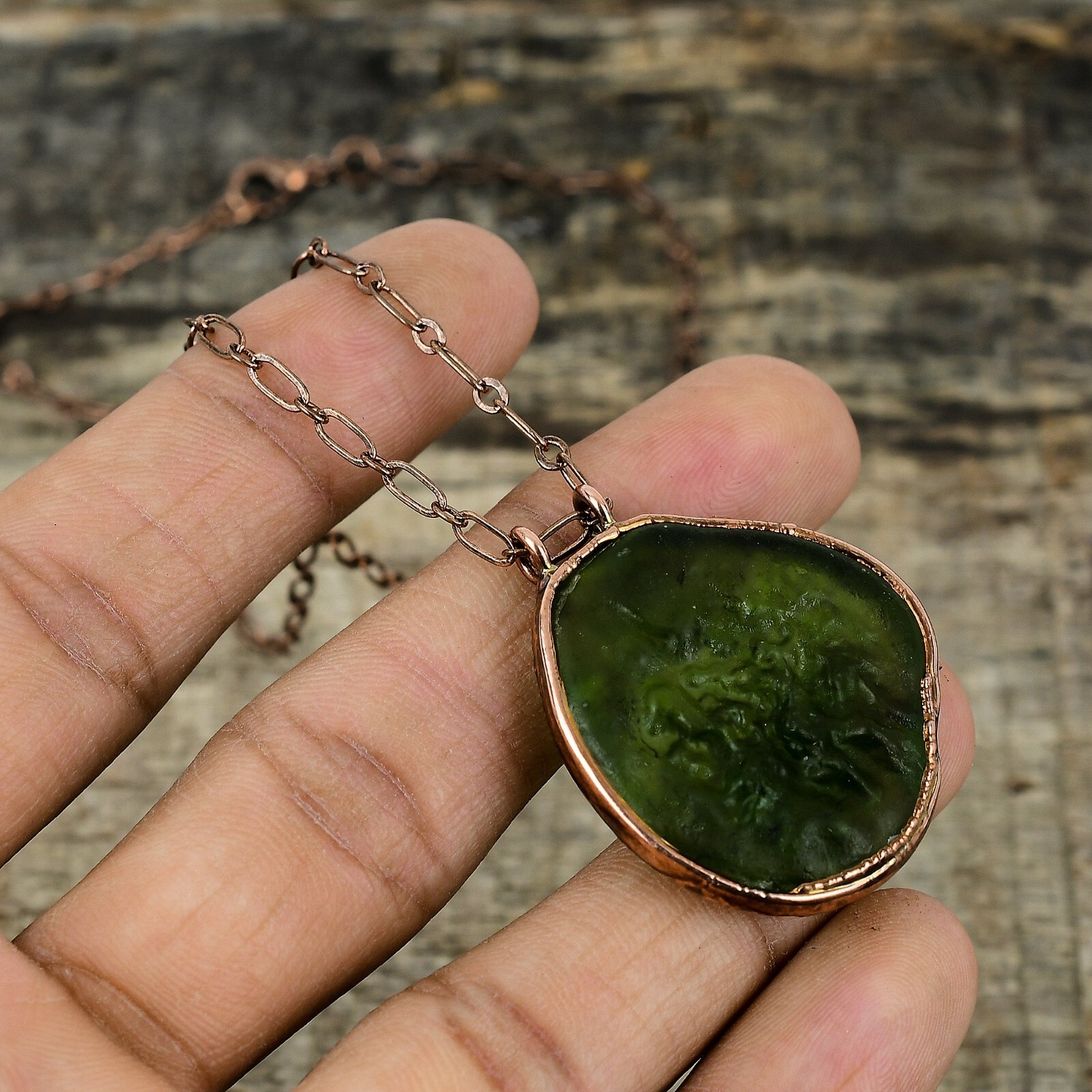 Moldavite Gemstone Electroformed Pendant Copper Handmade Jewelry For Women 1.65″
