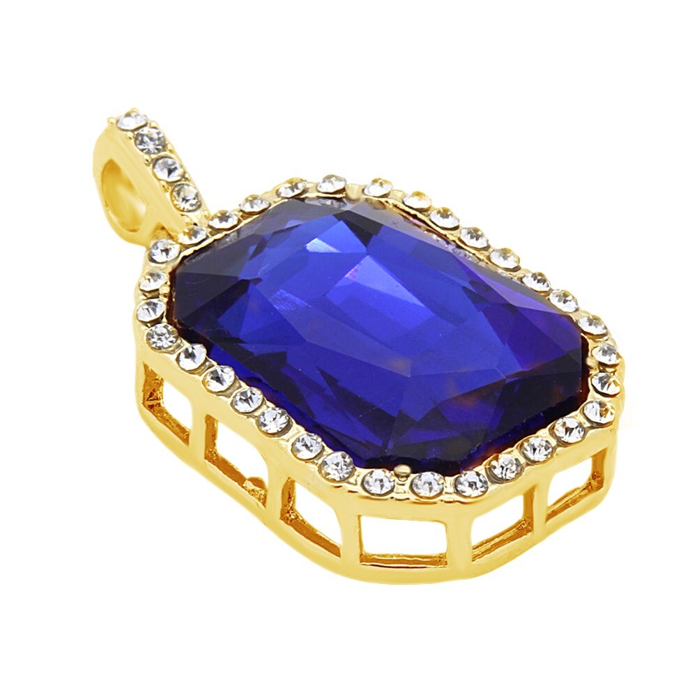 OCTAGON BLUE SAPPHIRE & Simulated Diamond 14K GOLD Plated MEN’S PENDANT