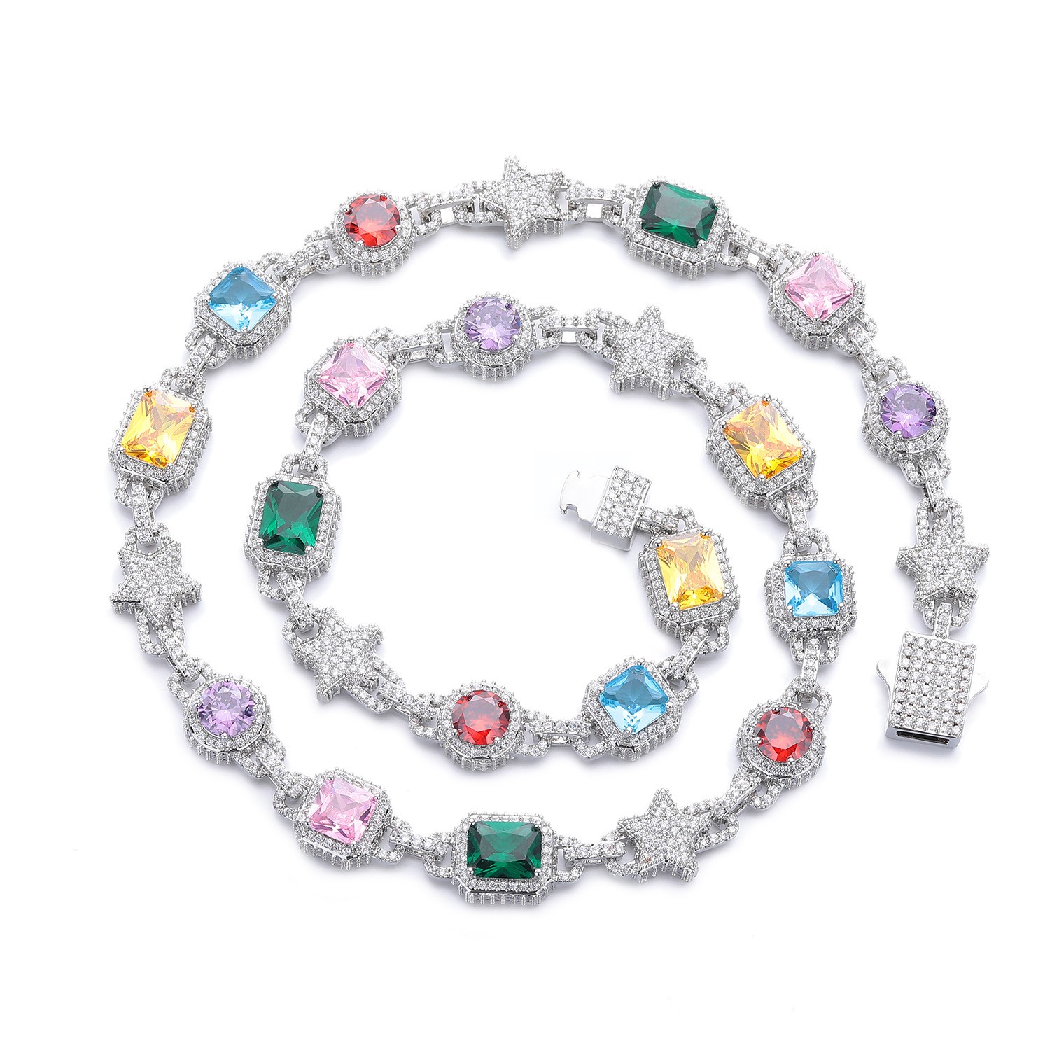 10mm Hip Hop Colored Zircon Crystal Star Chain Necklace Bracelet Choker Jewelry