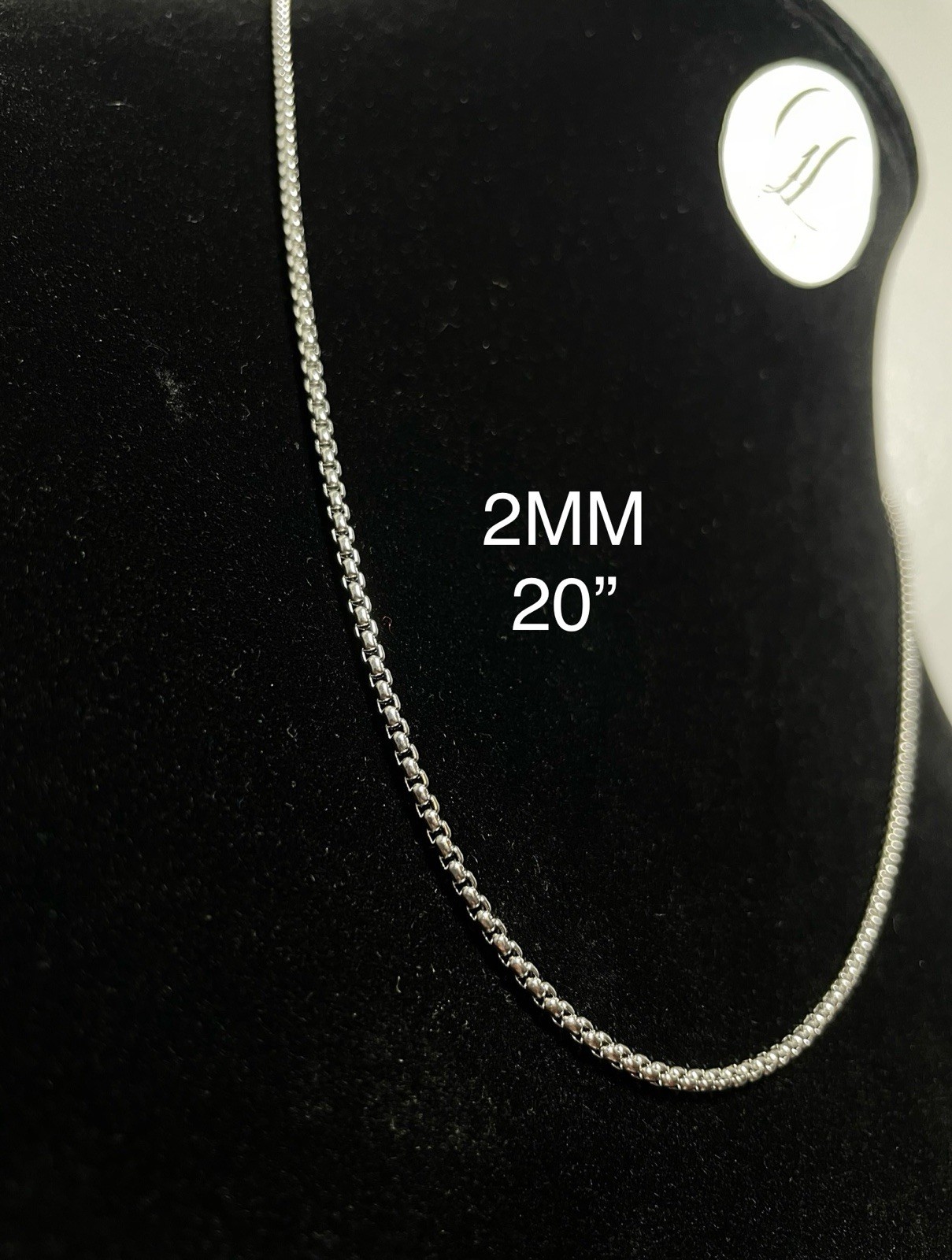 14K White Gold Steel Round Box Necklace Stainless Steel Rolo Chain 2MM 20 Inch