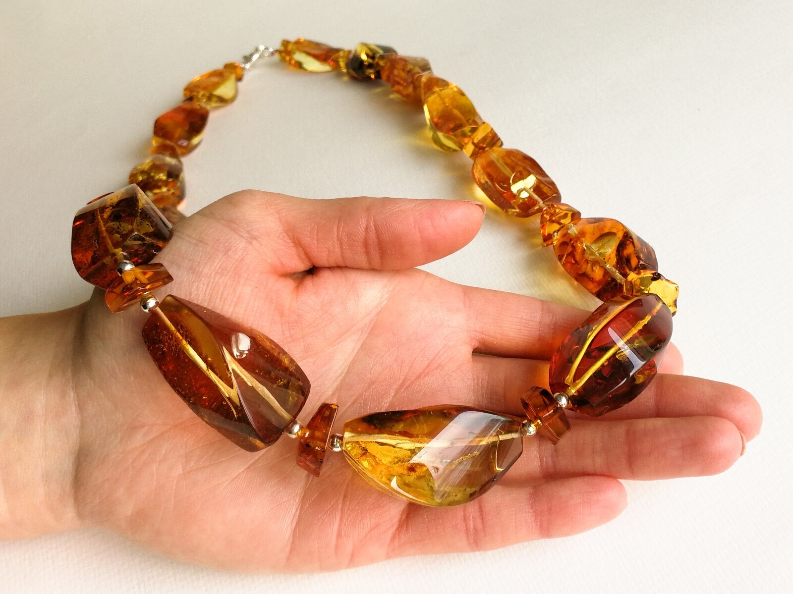 Natural Baltic Amber TORVELA necklace large cognac rectangular Beads 3.8oz 27in