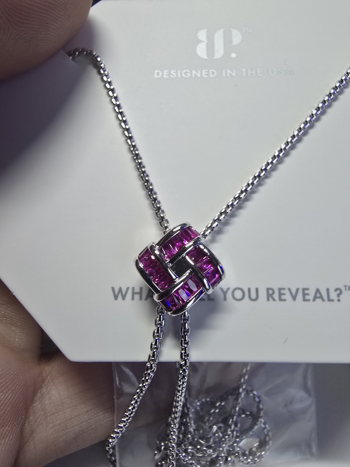 BP Baguette Braid Sparkle NK14109 Rhodium Plated Lab Ruby Pendant 18″ Adj