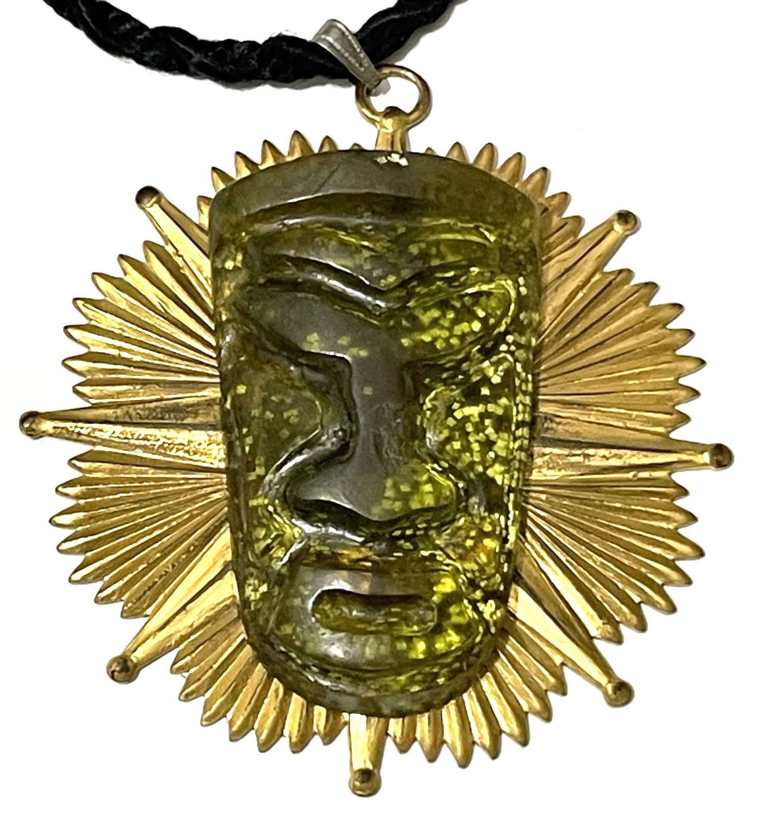 Vtg Gold Tone Sunburst Pendant Necklace w/ Green Acrylic / Resin Warrior Mask.