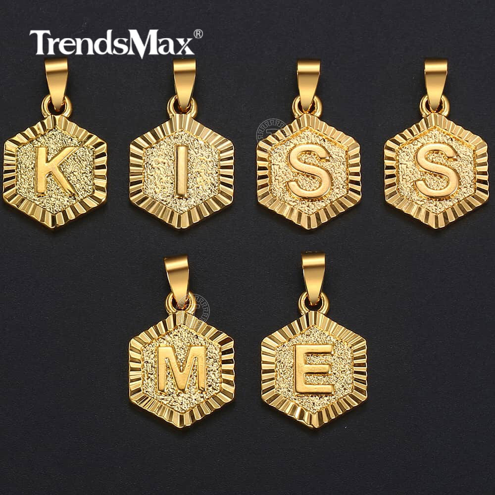 Yellow Gold Filled Hexagon Initital Letter A to Z Pendant Charm for Womens Mens