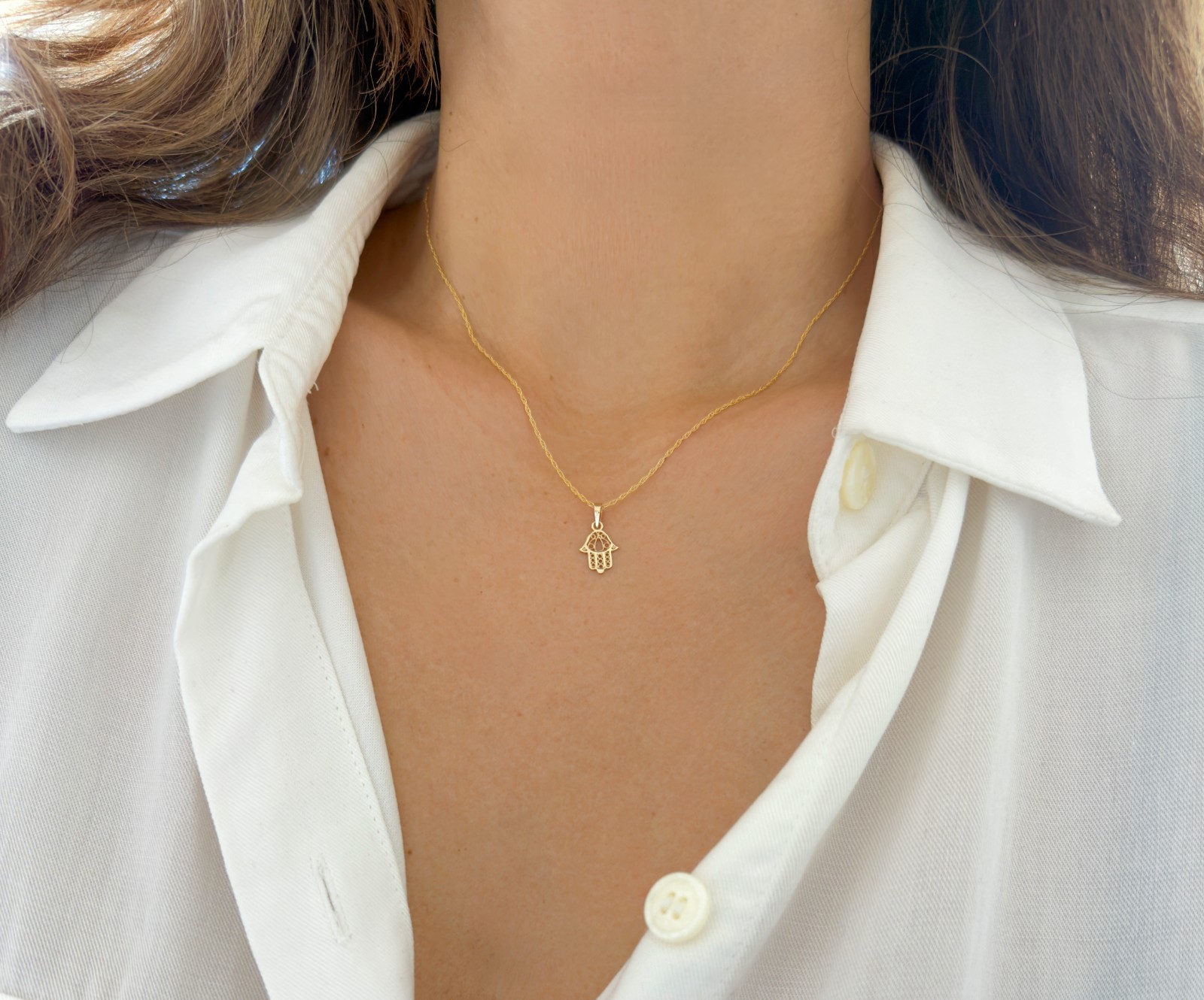 10K 14K Solid Gold Hamsa Necklace Hand of Fatima Protection Good Luck Charm