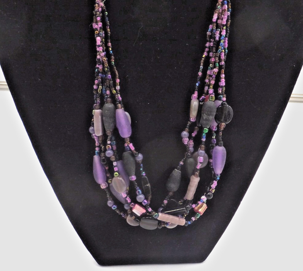 Purple Themed Multi Strand Beaded Necklace, 21 or 22 Inches, Unknown Maker