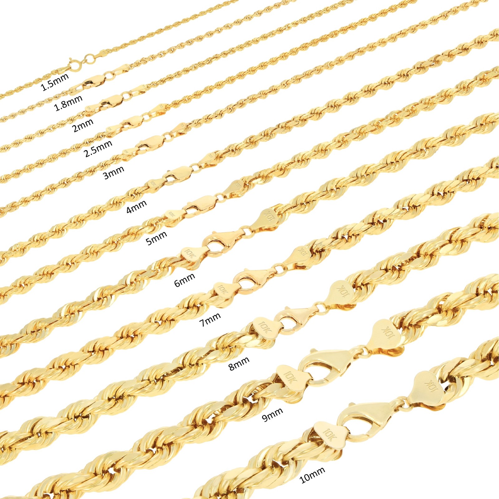 10K Yellow Gold 2mm-7mm D/C Rope Chain Bracelet Men Women 7″ 7.5″ 8″ 8.5″ 9″