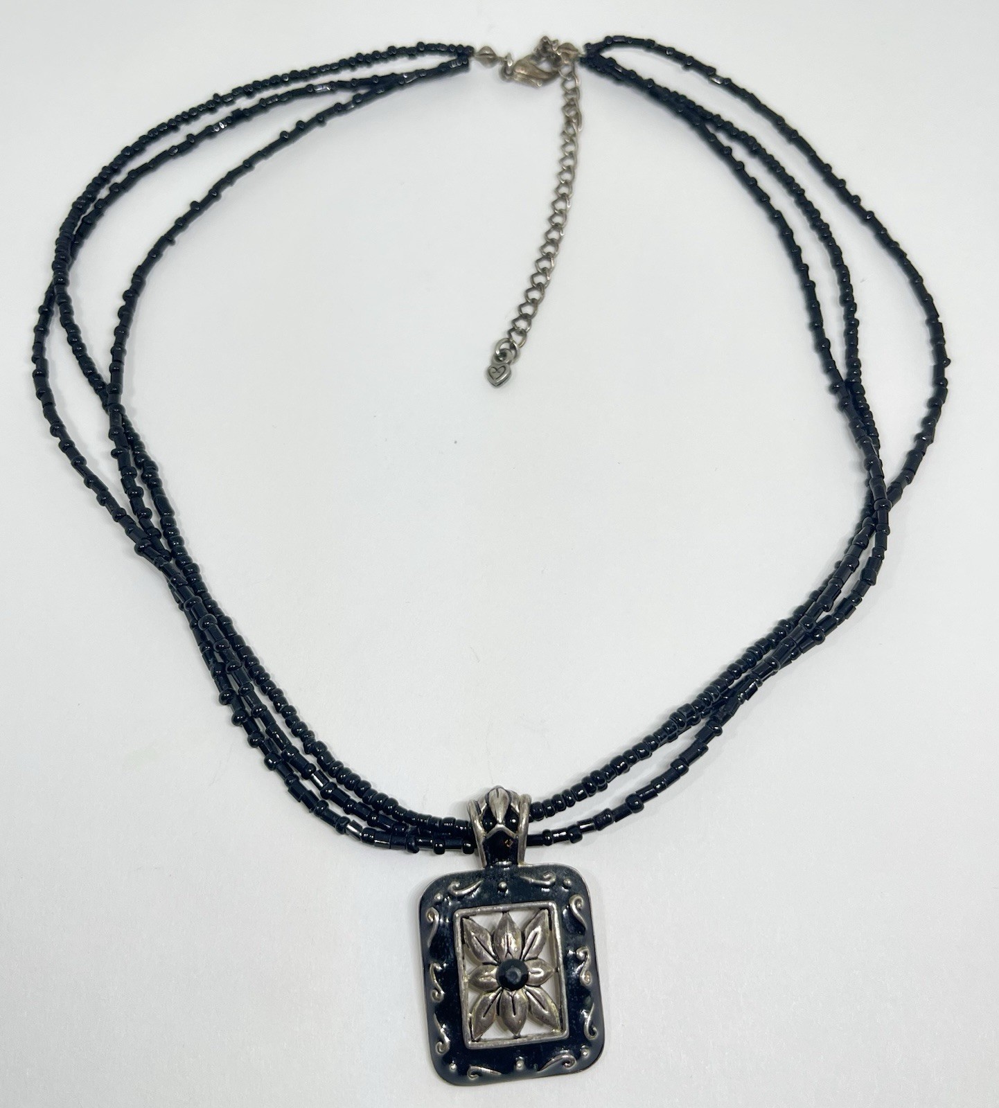Lady Remington Black Enamel Flower Pendant Gold Wash Tone Black Bead Necklace