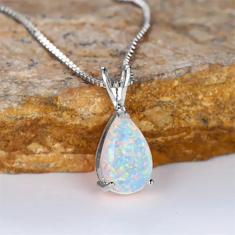 Minimalist Droplet White Fire Opal Pendant Sterling Silver Dainty Necklace Gift