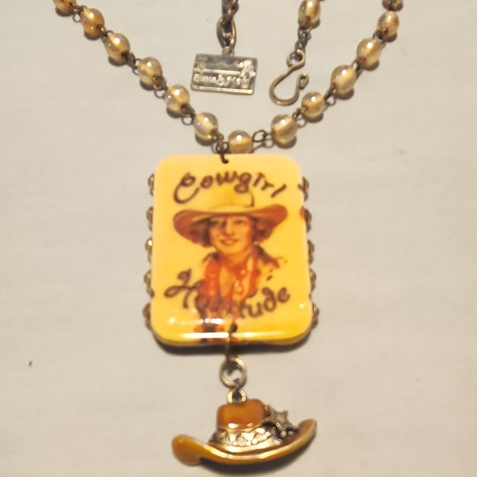 Cowgirl Western Gold-Tone Beaded Ball Chain Charm Pendant Necklace Hook Clasp
