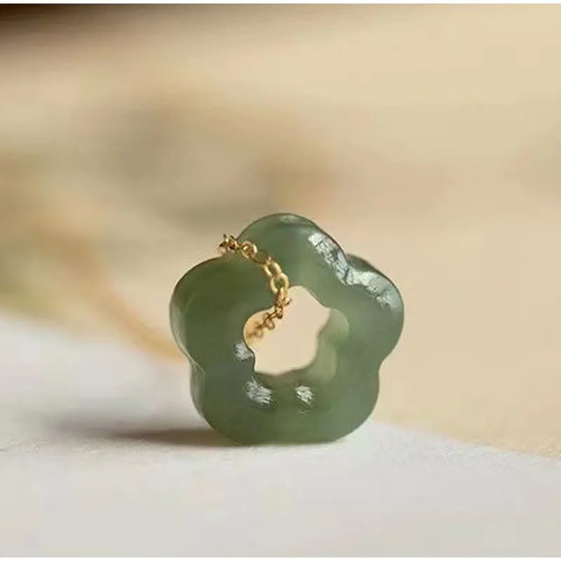 Dark Green Jade Flower Pendant Necklace Amulet Protection Dainty Minimalist