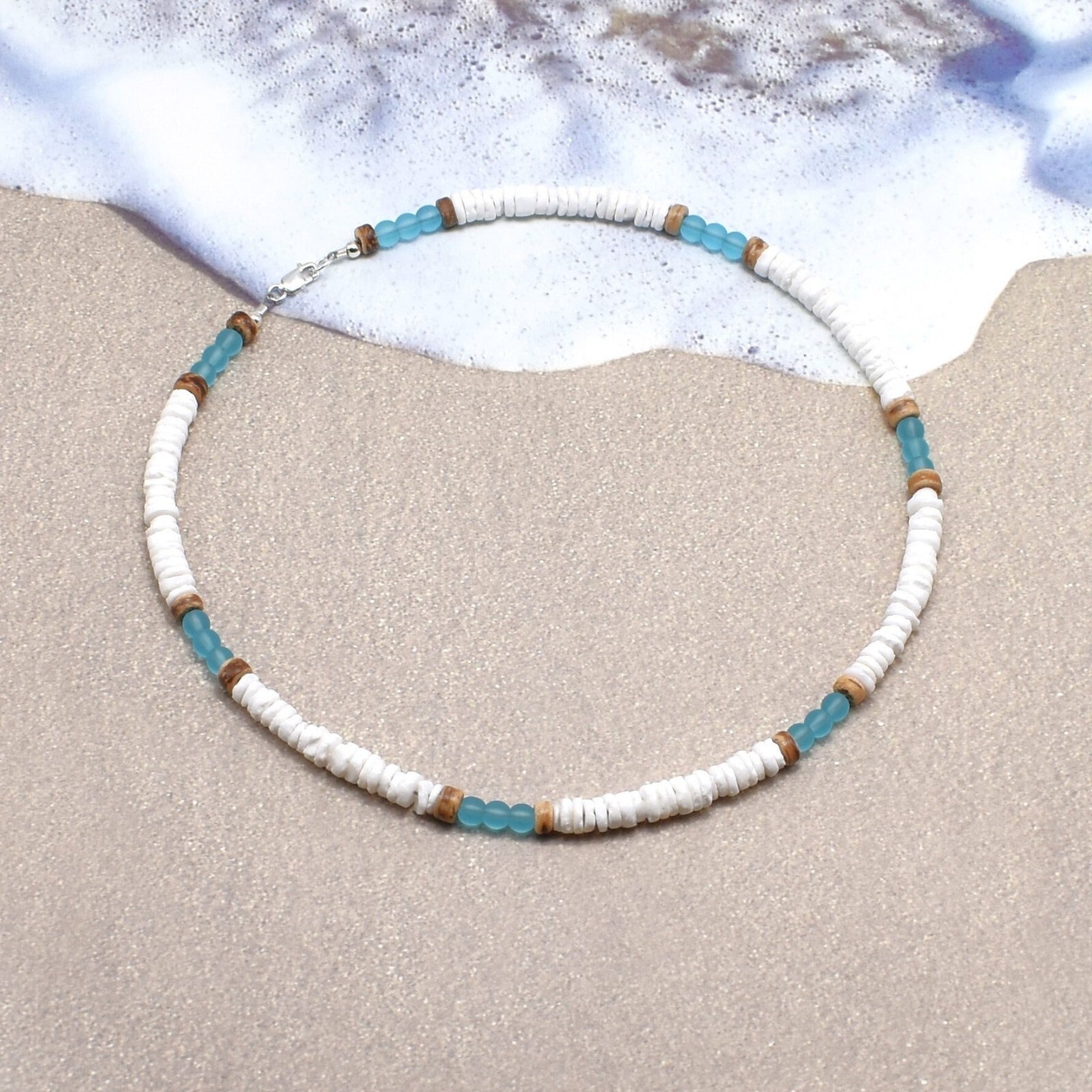 Charm Natural White Shell Blue Crystal Beads Necklace for Men Women Surf Choker