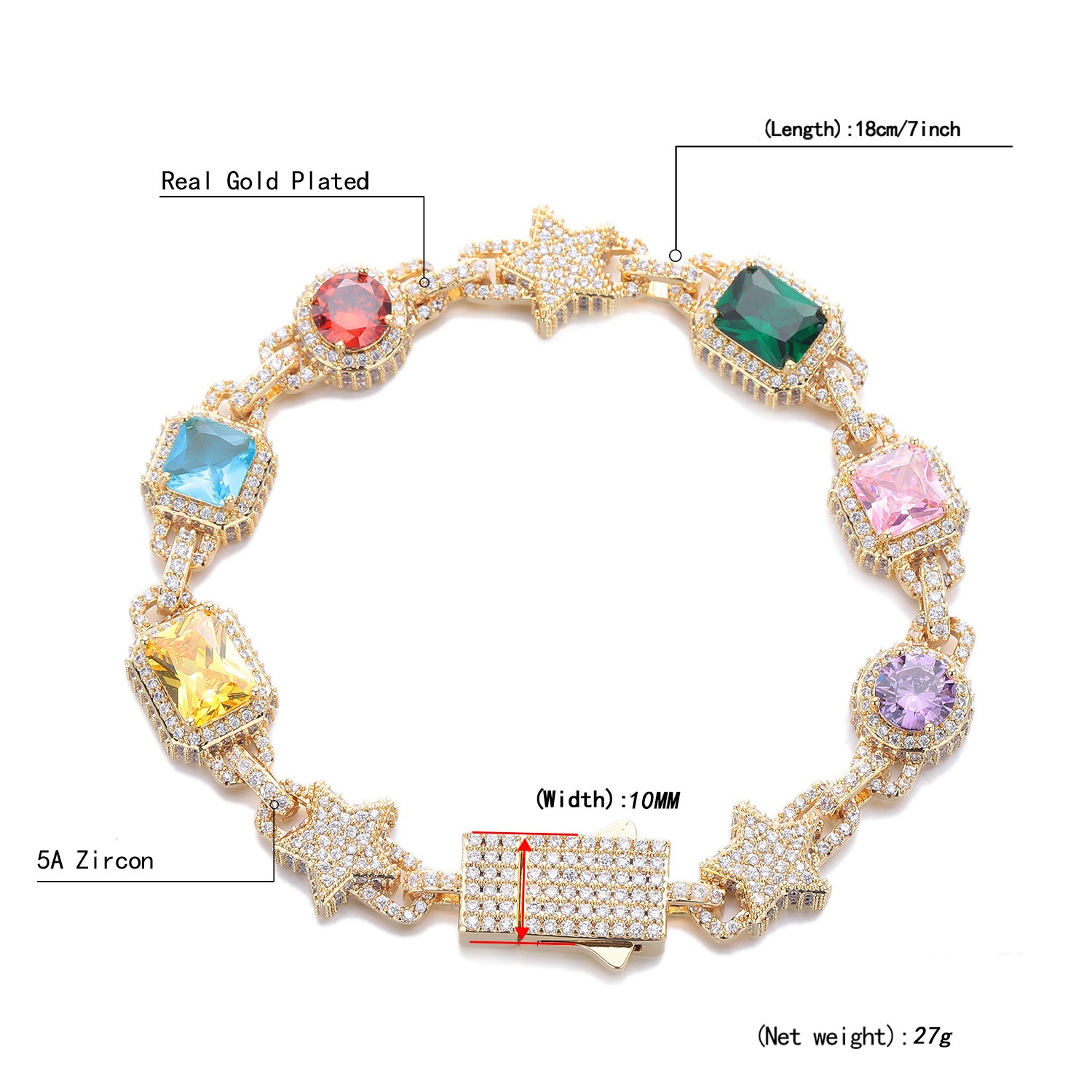 10mm Hip Hop Colored Zircon Crystal Star Chain Necklace Bracelet Choker Jewelry