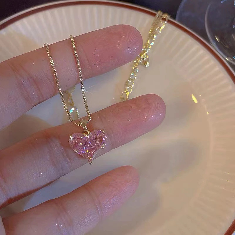 Women’s Fashion Jewelry Gold Pink Rhinestone Heart Pendant Necklace 1-228