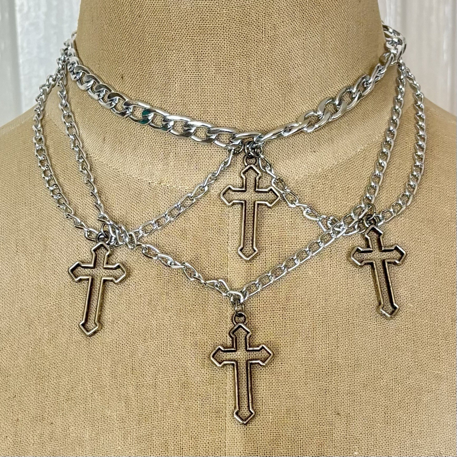 4 Gothic Cross Pendants Choker Silver Tone Necklace Layered Curb/Cuban Chains