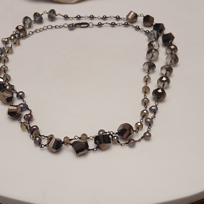 Gray Crystal & Glass Round Beaded Necklace Adjustable Lobster Clasp