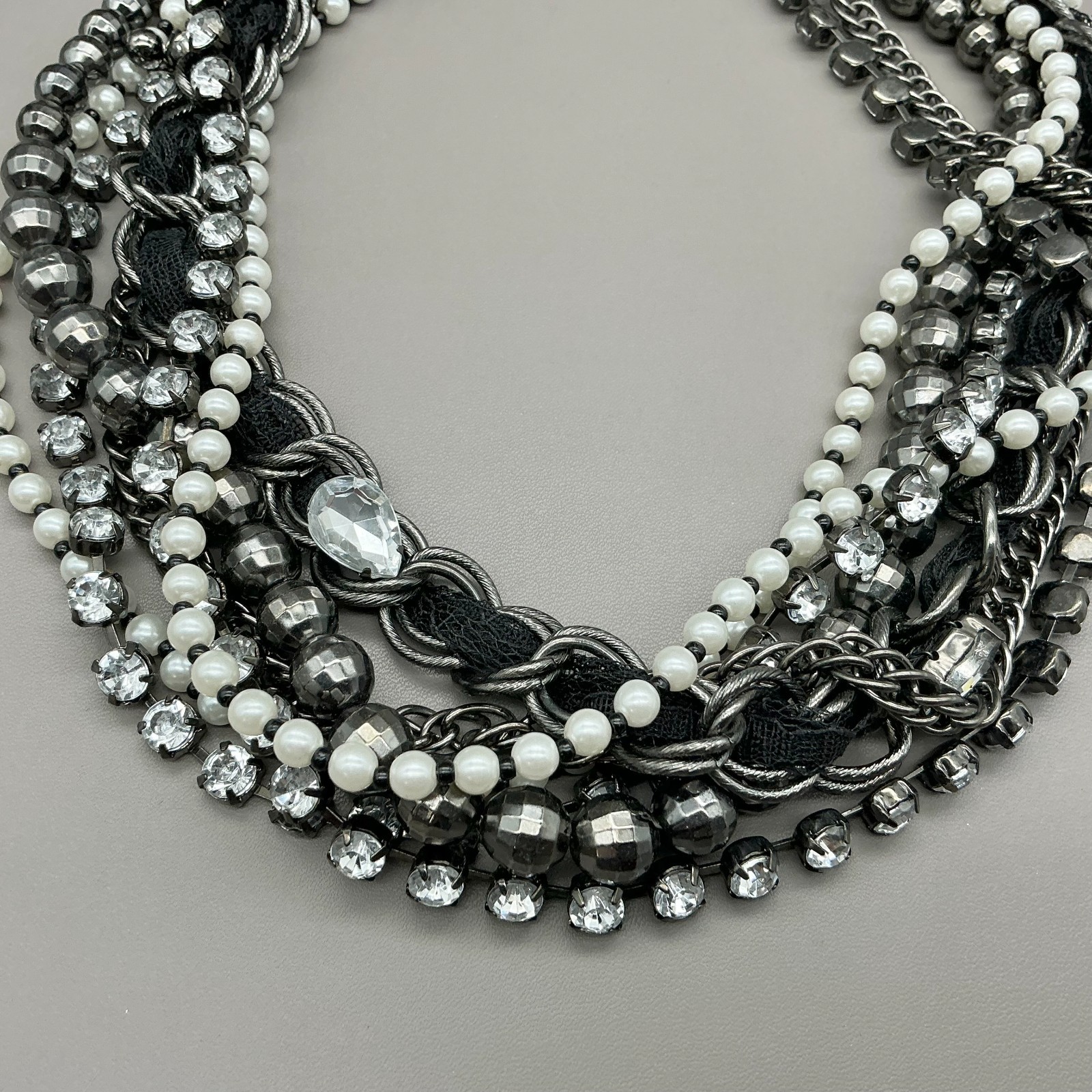 White House Black Market Necklace Gunmetal Faux Pearl Rhinestone Multi Strand