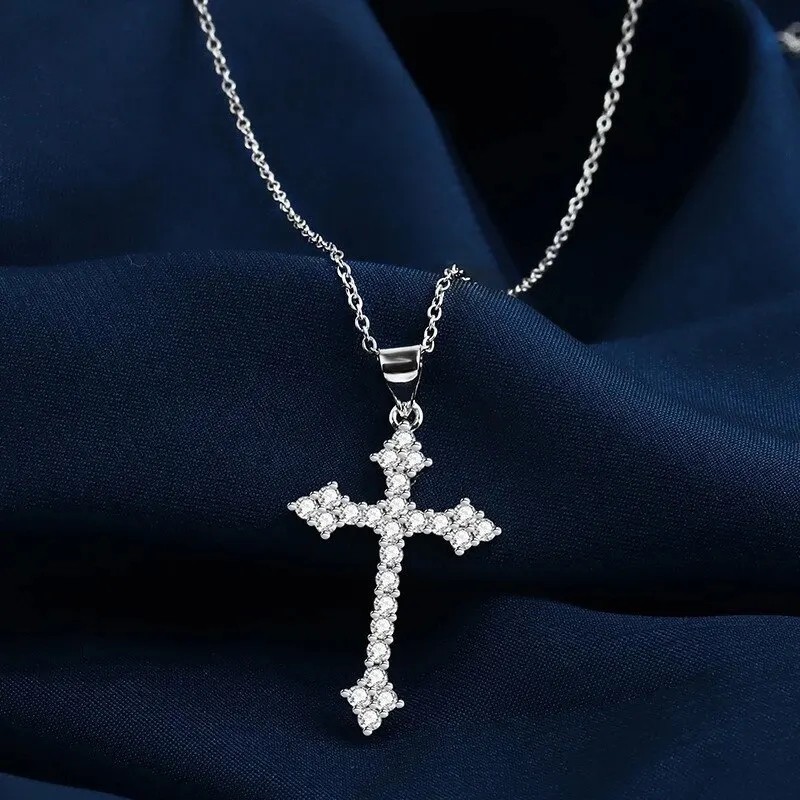 Cross necklace pendant with simulated lab diamonds 925 sterling White Gold