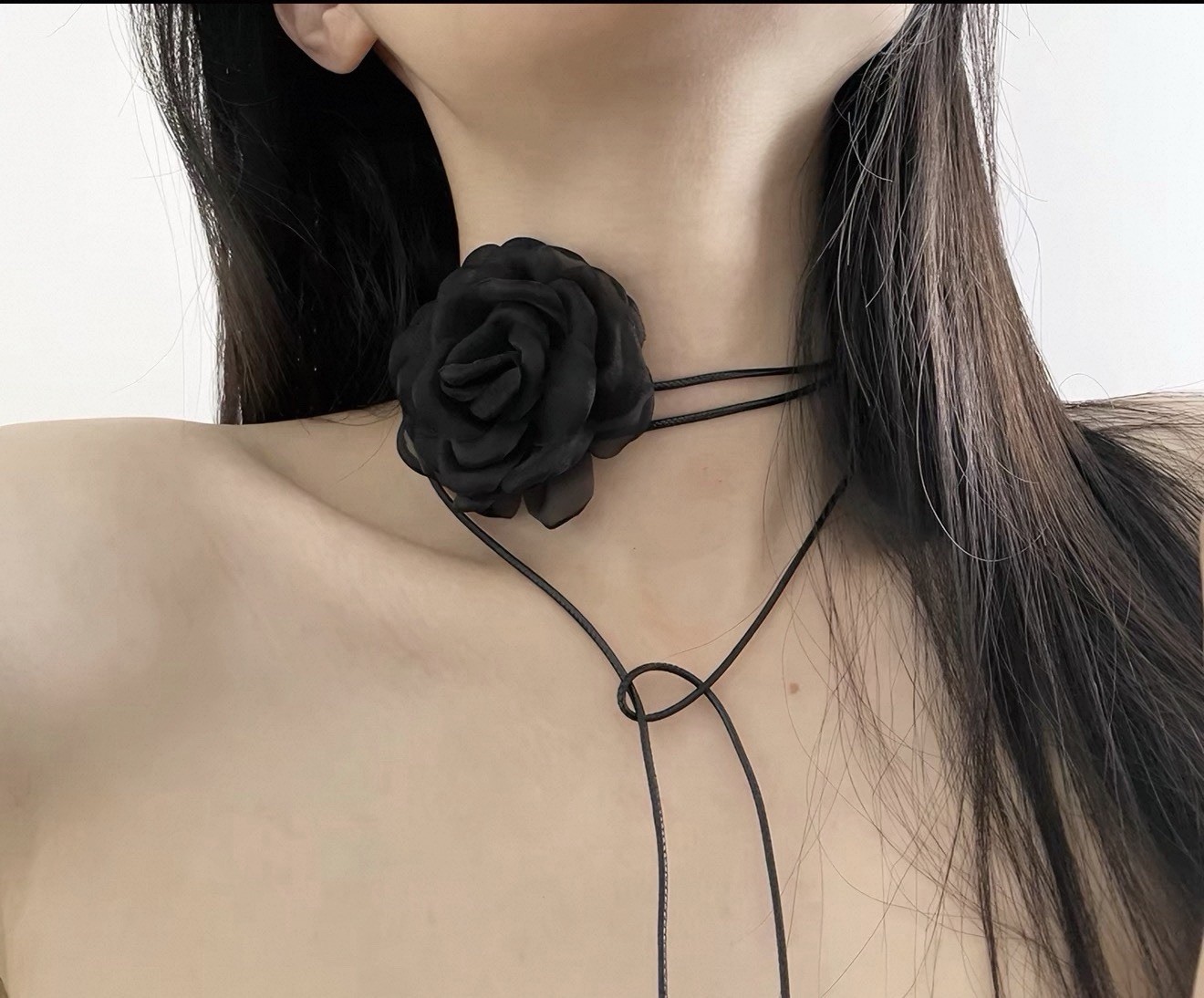 Black Rose Choker Necklace with Black String Adjustable