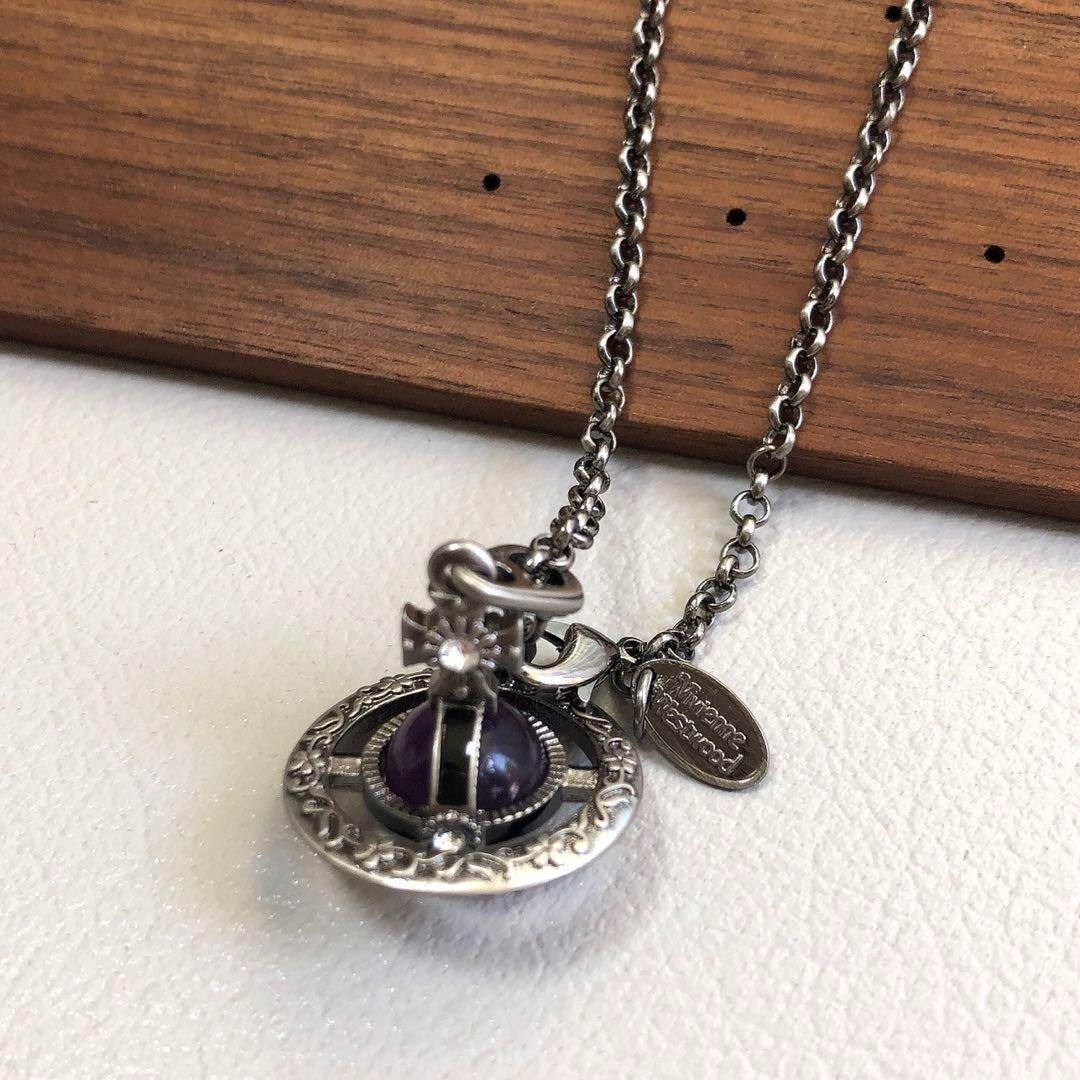 Vivienne Westwood Tiny Orb Necklace Flower Purple Gunmetal 2.5cm with drawstring