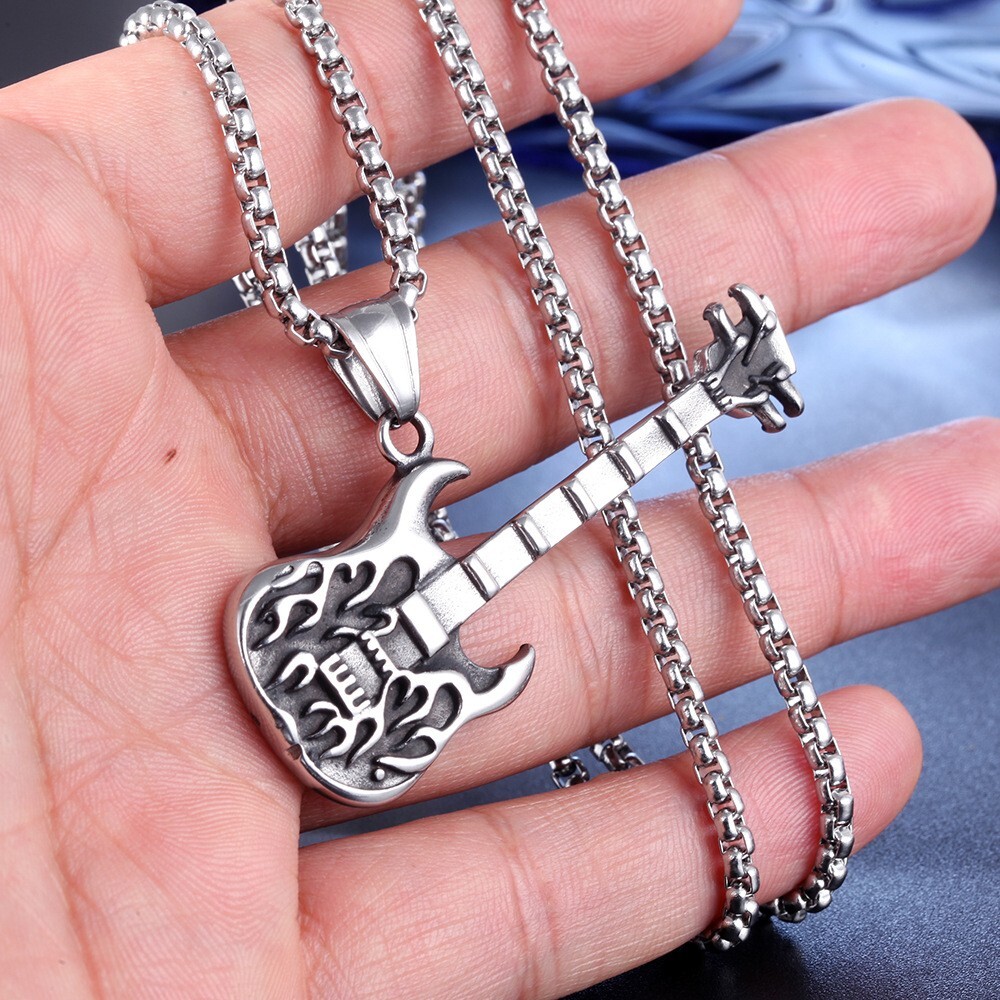 Mens Rock N Roll Guitar Necklace Pendant Cool Biker Music Stainless Steel