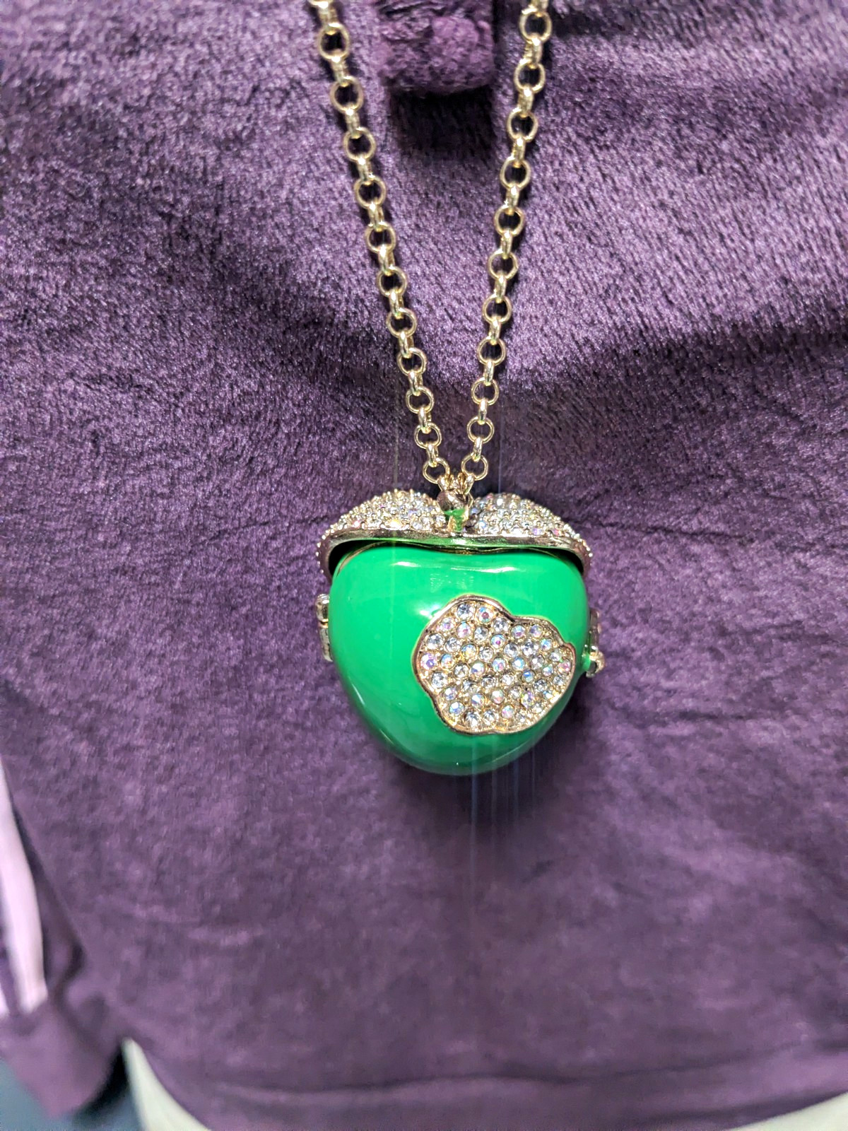 Betsey Johnson Green Apple Locket Pendant Necklace Rhinestone Heart Ladybug
