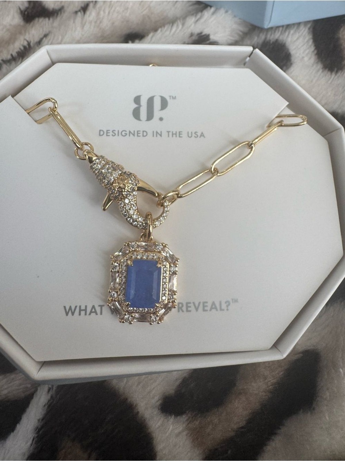 bp Gold Chain Necklace with Blue Crystal Octagon Pendant