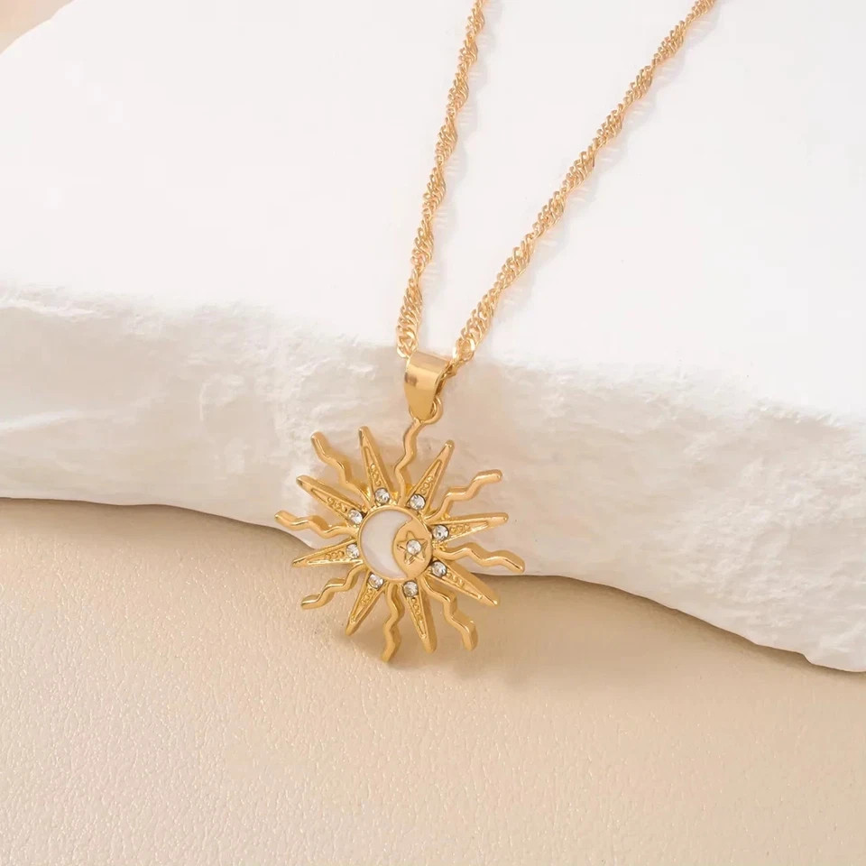 Sun Moon Star Rhinestone Pendant Necklace Retro Women Party Jewelry Gift Charm