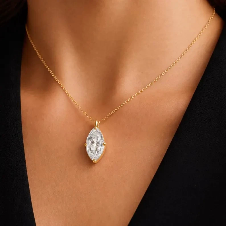 Solitaire Pendant Necklace Marquise Simulated Diamond In 14k Yellow Gold Plated