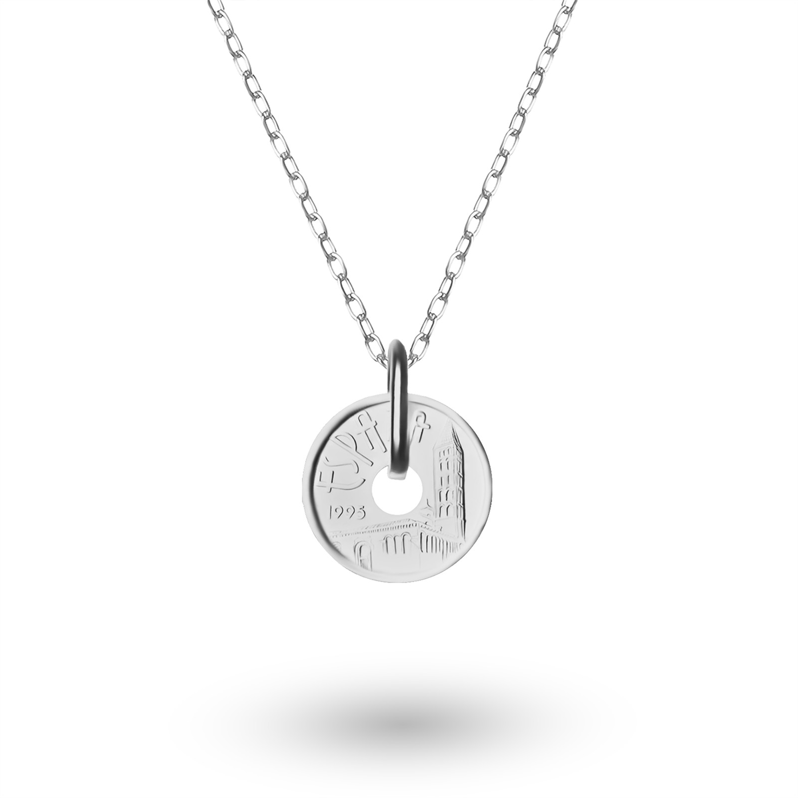 Rhodium Plated Spanish 5 Pesetas Coin Necklace | Castile and Leon | 1995