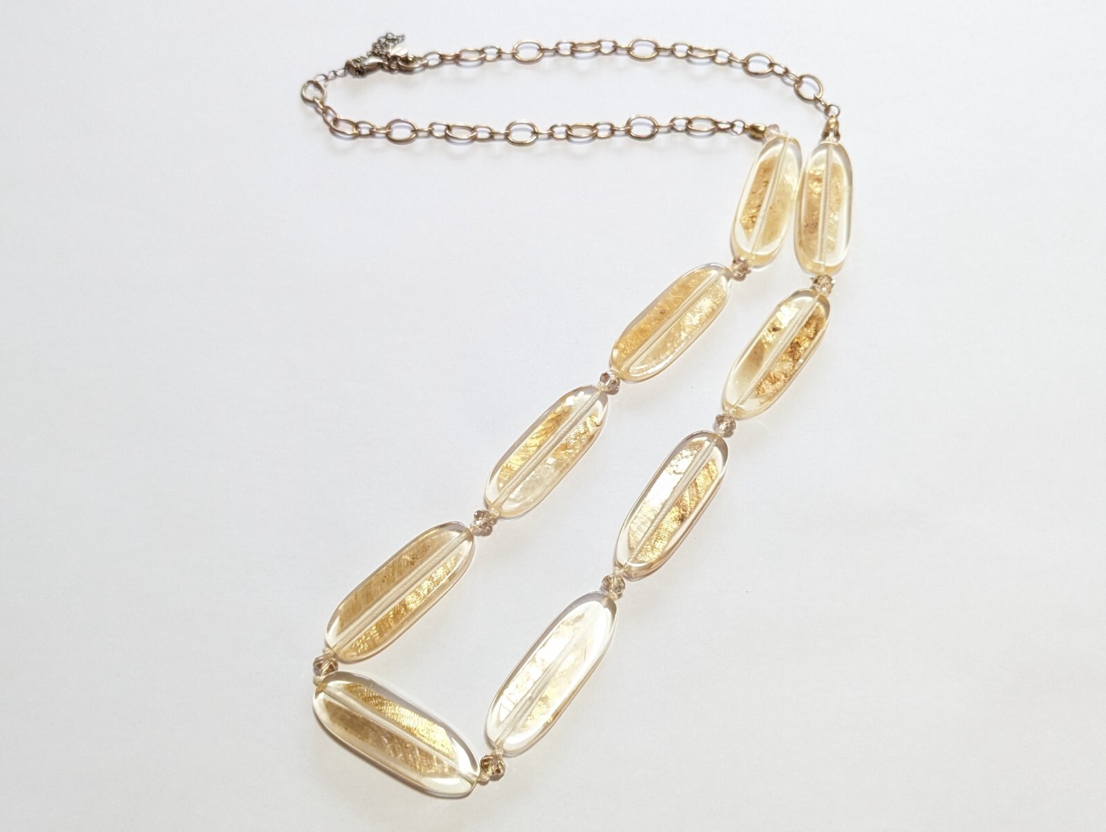 Chico’s Chunky Lucite Gold Tone Flake Statement Necklace 46″ Long Boho