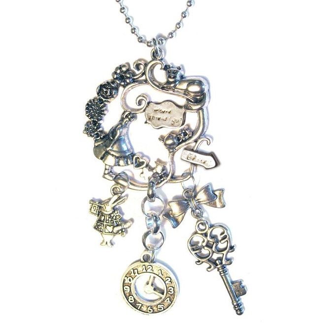 Alice in Wonderland Charm silver plated cluster STAINLESS STEEL Necklace