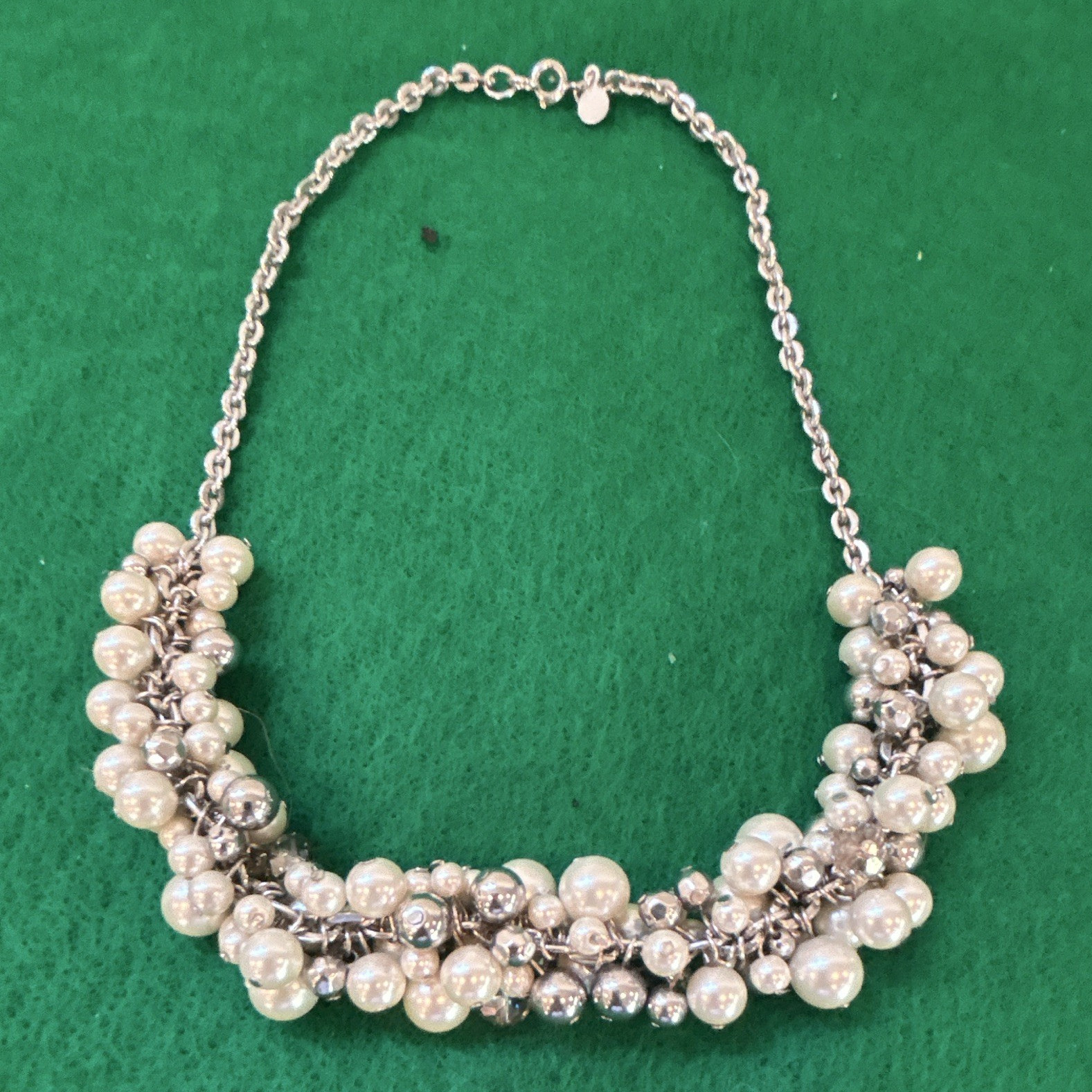 Loft Stamped Silver-Tone Cable Chain Necklace Faux Pearl Beaded Cluster