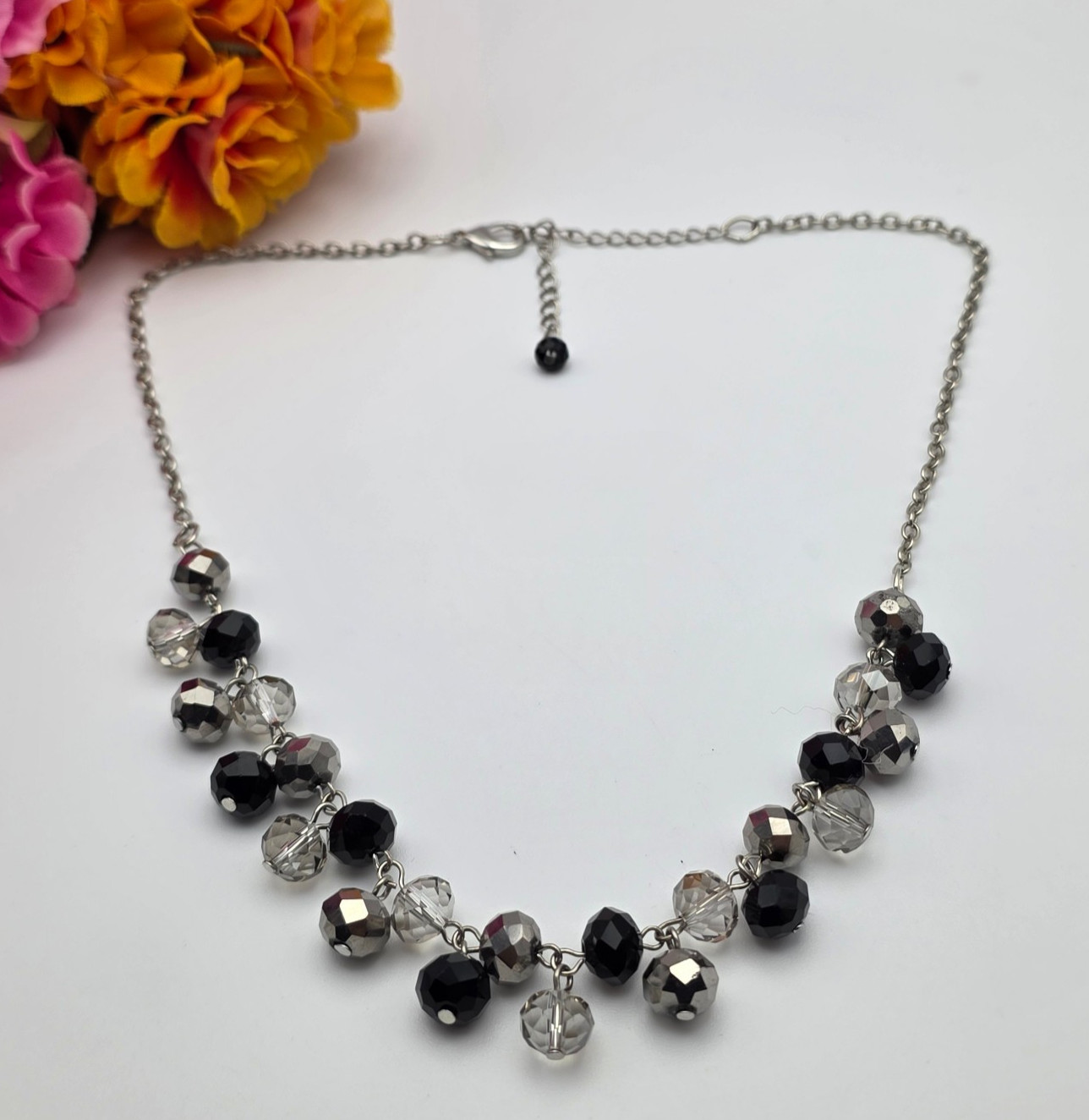 Black Clear Silver Faceted Crystal Bead Cluster Fringe Necklace 21 In