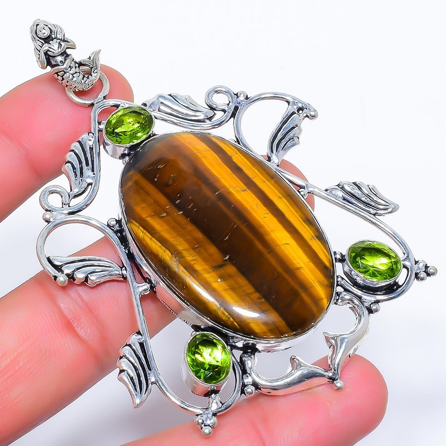 Natural Tiger’S Eye & Peridot 925 Silver Plated Jewelry Pendant 3.3″ T2737