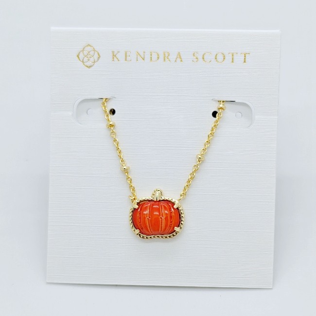 New Kendra Scott Pumpkin Gold Short Pendant Necklace In Orange Shell
