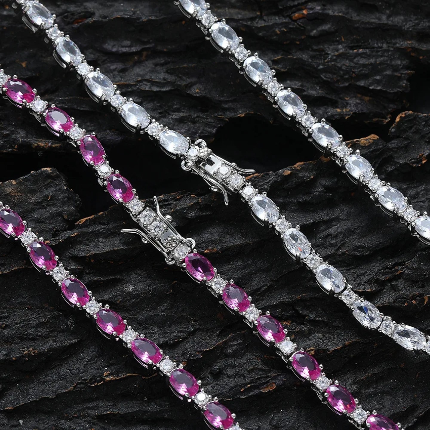 Silver Tone Tennis Chain Necklace Oval White Crystal Prong Set Box Clasp