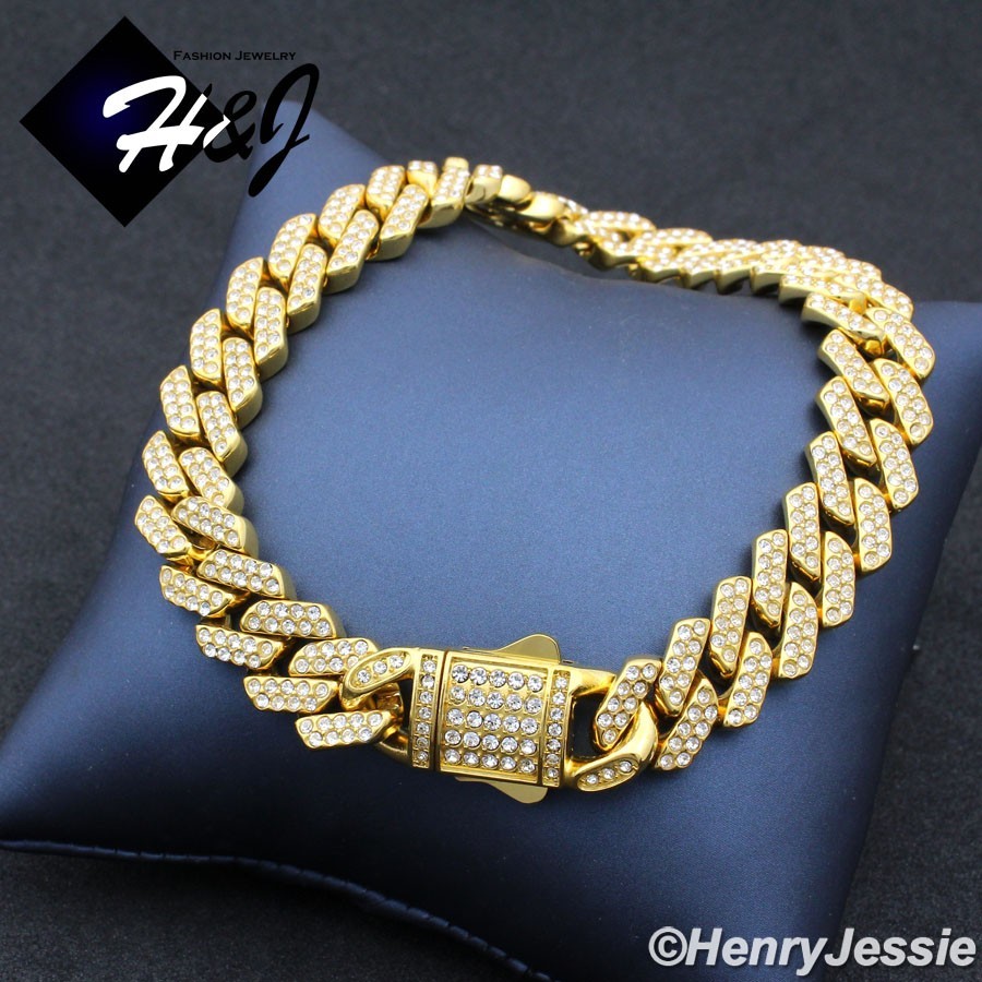 16″-40″MEN Stainless Steel Full CZ 10/12mm Gold Plated Miami Curb Necklace*GN171