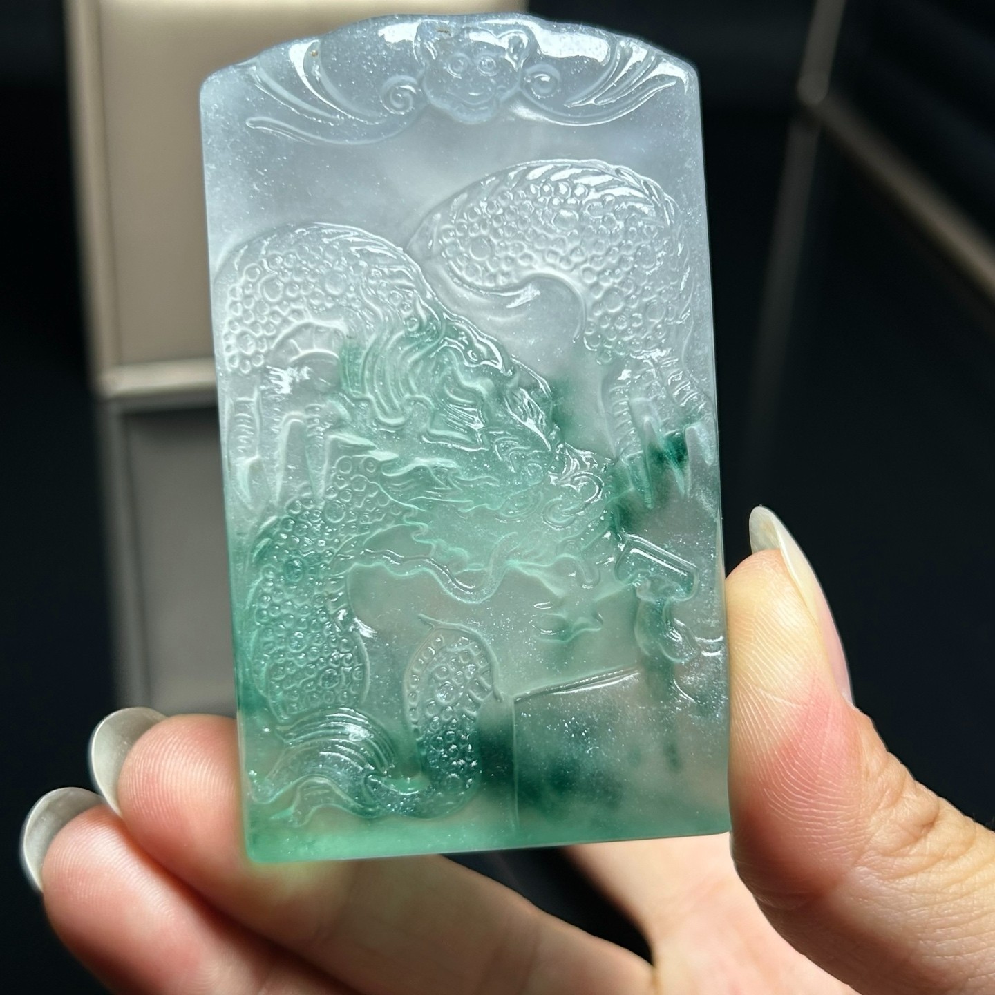 Nature ice green&white Burmese Jade Jadeite Carved dragon lucky Pendant&Necklace