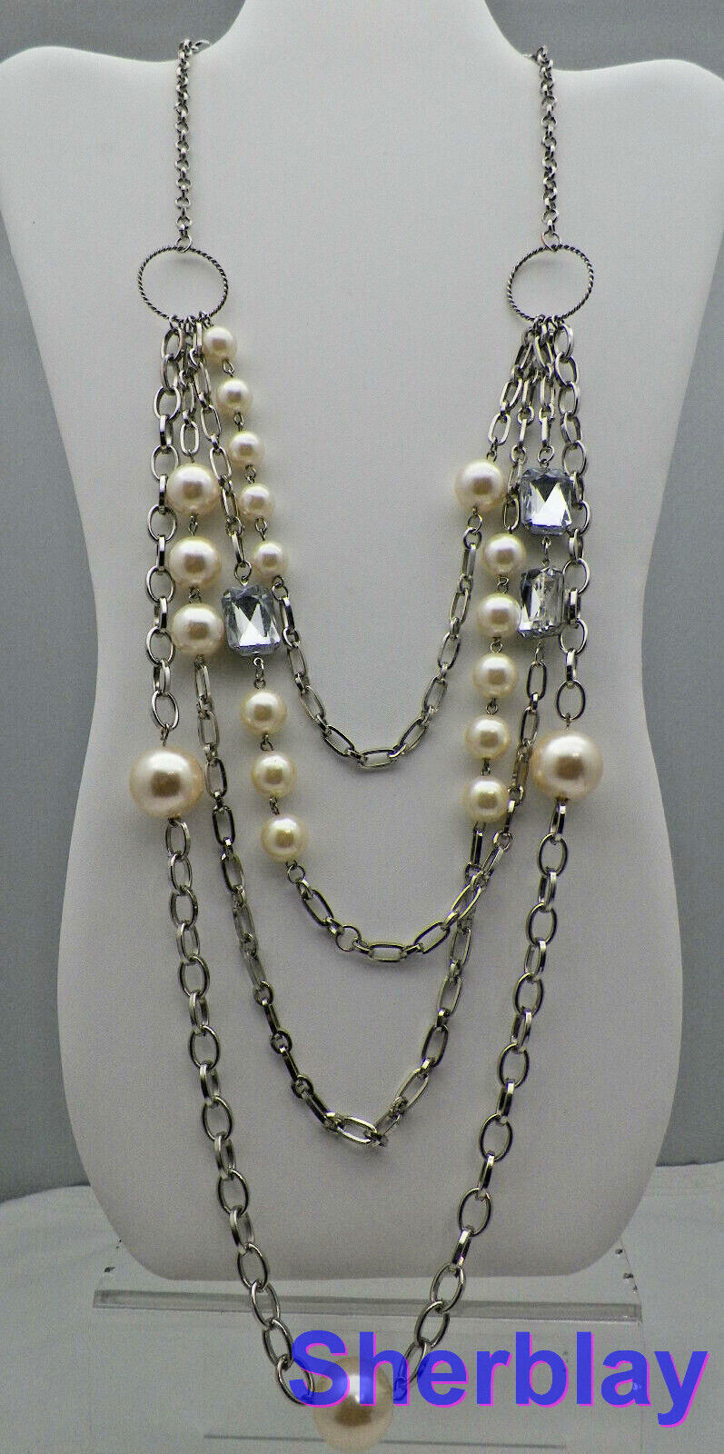 Costume Jewelry Faux Acrylic Pearl & Rhinestone Beads Silver Tone Chain Necklace