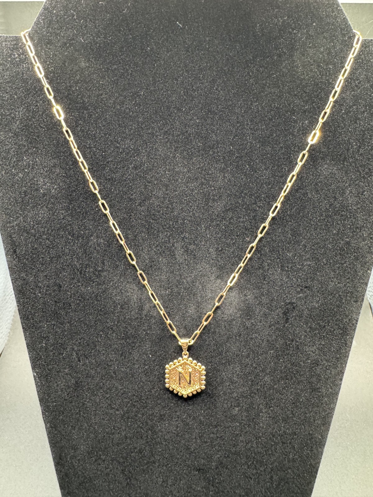 Gold Tone Initial N Necklace Paperclip Chain Hexagon Pendant